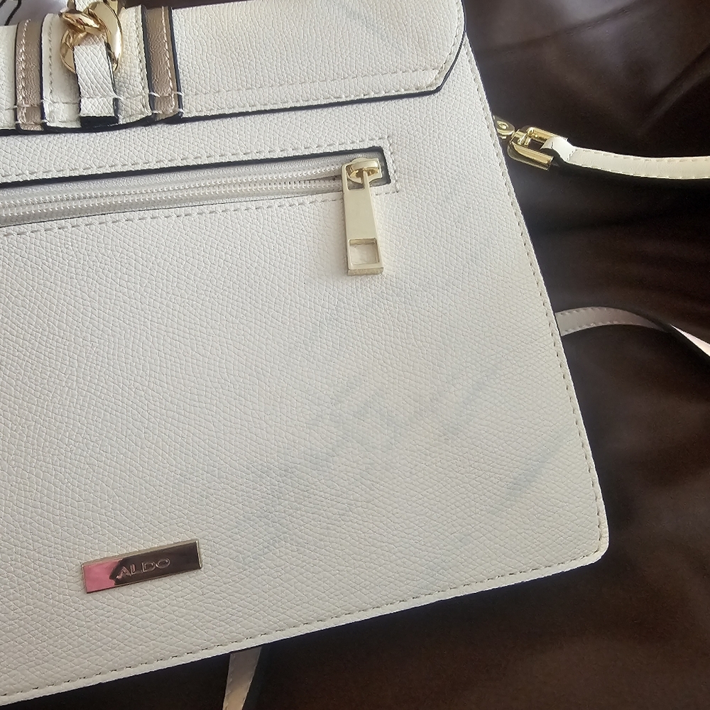 ALDO White Cross Body Top-Handle Satchel with Gold Chain and Scarf Accent - Picture 2 of 6